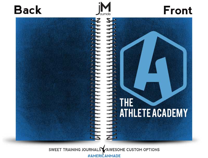 A blue fitness journal cover for the Athlete Academy