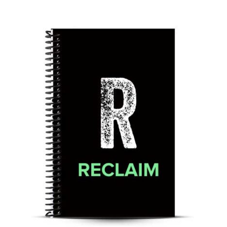 Reclaim Fitness Black journal cover with white and green logo